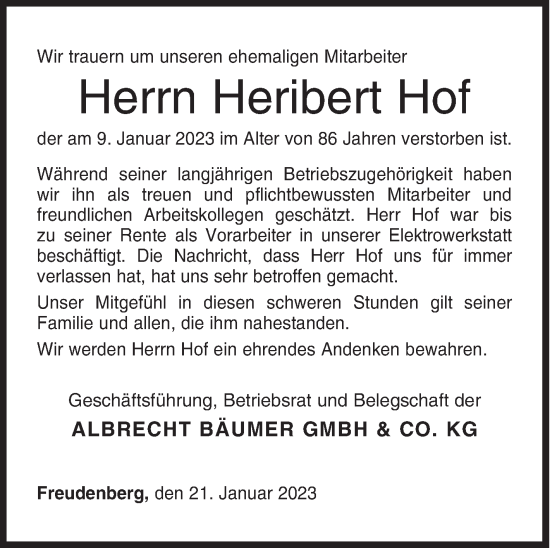 Traueranzeige von Heribert Hof von Siegener Zeitung