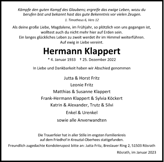 Traueranzeige von Hermann Klappert von Siegener Zeitung