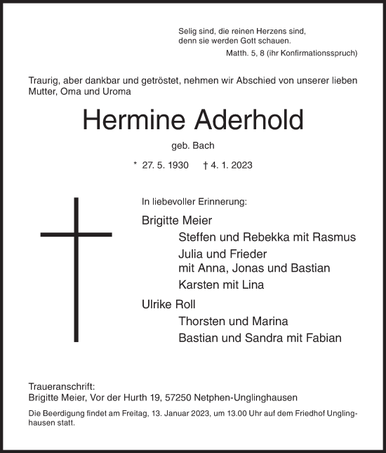 Traueranzeige von Hermine Aderhold von Siegener Zeitung