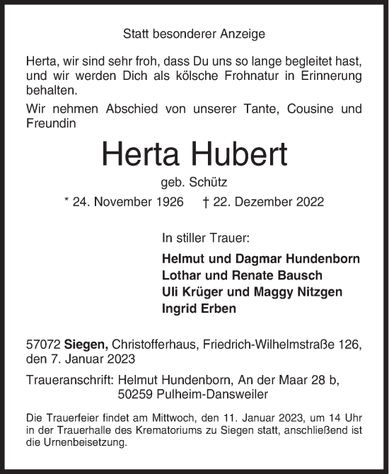 Traueranzeige von Herta Hubert von Siegener Zeitung