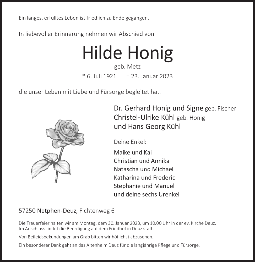  Traueranzeige für Hilde Honig vom 27.01.2023 aus Siegener Zeitung