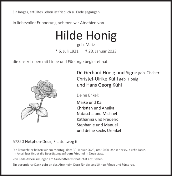 Traueranzeige von Hilde Honig von Siegener Zeitung