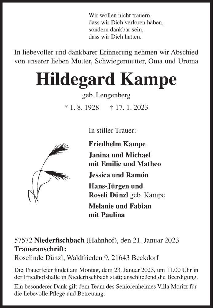  Traueranzeige für Hildegard Kampe vom 21.01.2023 aus Siegener Zeitung