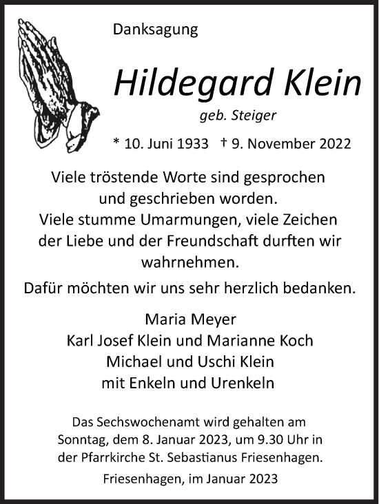 Traueranzeige von Hildegard Klein von Siegener Zeitung