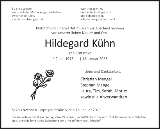 Traueranzeige von Hildegard Kühn von Siegener Zeitung