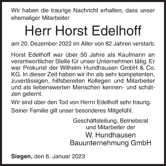 Traueranzeige von Horst Edelhoff von Siegener Zeitung