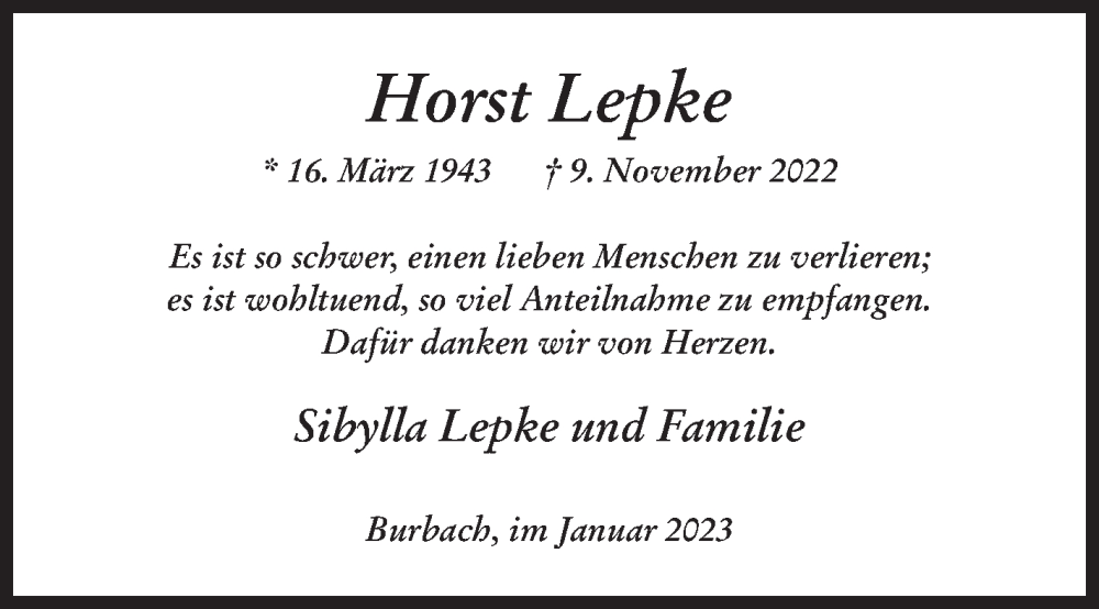  Traueranzeige für Horst Lepke vom 06.01.2023 aus Siegener Zeitung