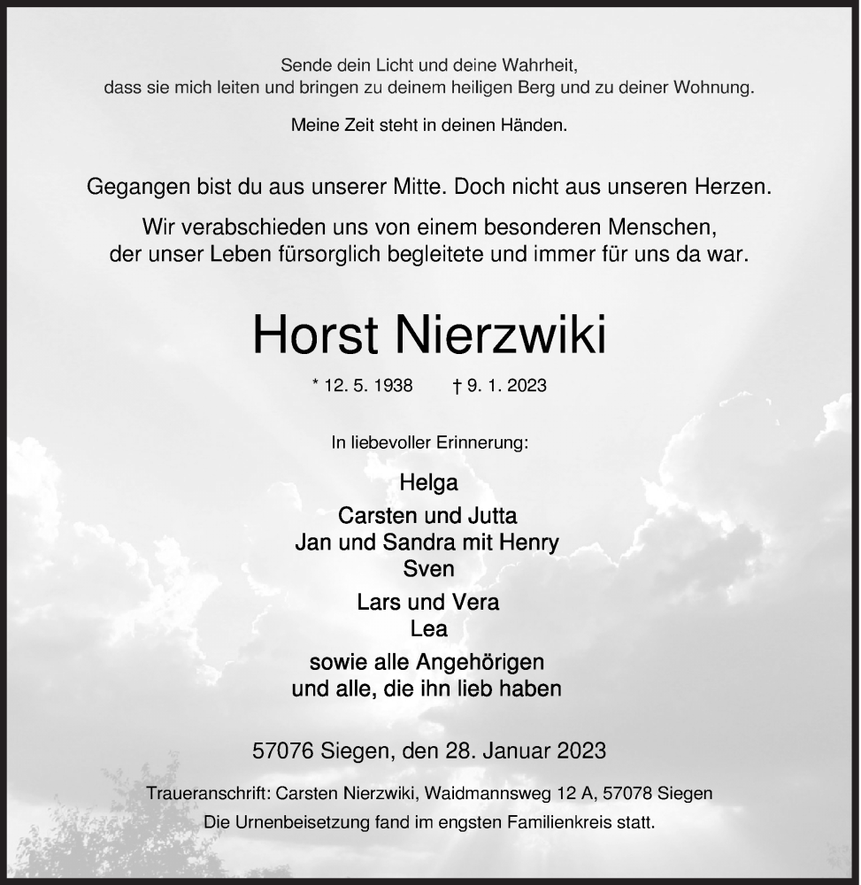  Traueranzeige für Horst Nierzwiki vom 28.01.2023 aus Siegener Zeitung