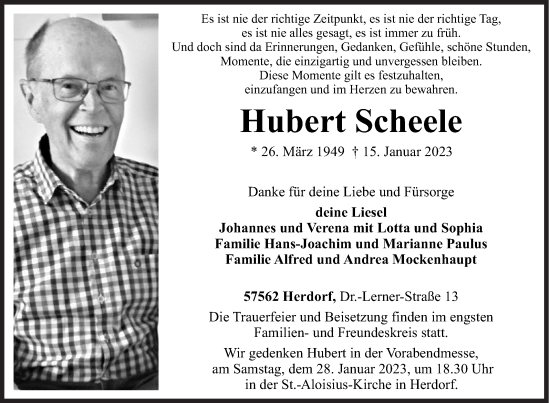 Traueranzeige von Hubert Scheele von Siegener Zeitung