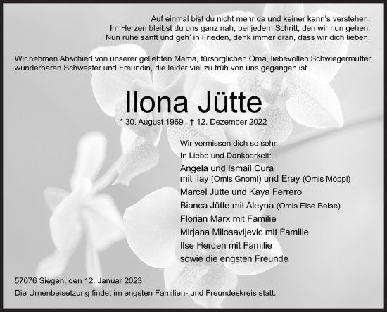 Traueranzeige von Ilona Jütte von Siegener Zeitung