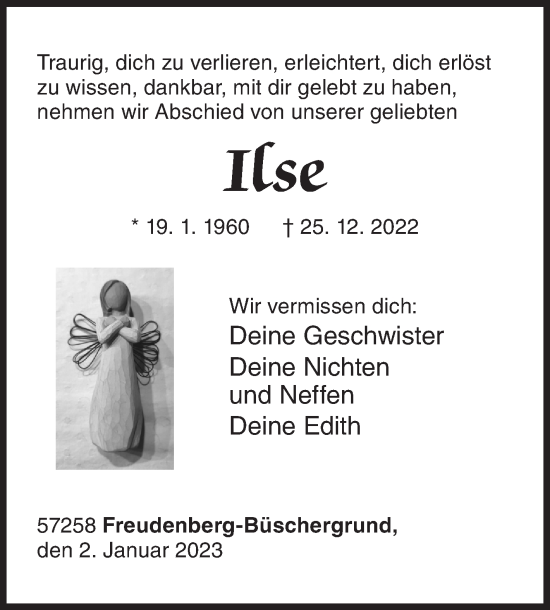 Traueranzeige von Ilse  von Siegener Zeitung