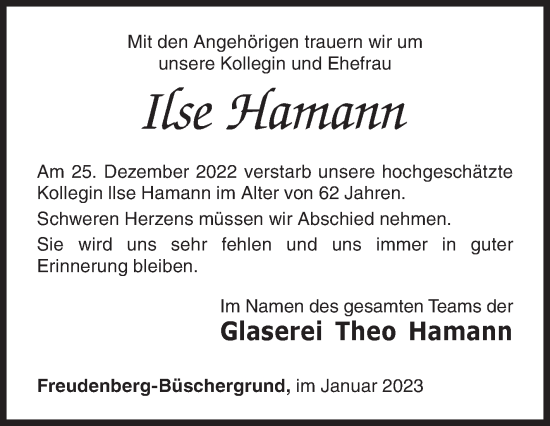 Traueranzeige von Ilse Hamann von Siegener Zeitung