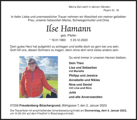 Traueranzeige von Ilse Hamann von Siegener Zeitung