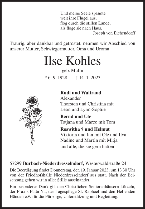 Traueranzeige von Ilse Kohles von Siegener Zeitung