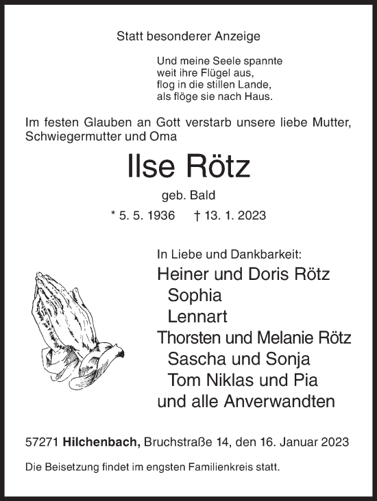 Traueranzeige von Ilse Rötz von Siegener Zeitung
