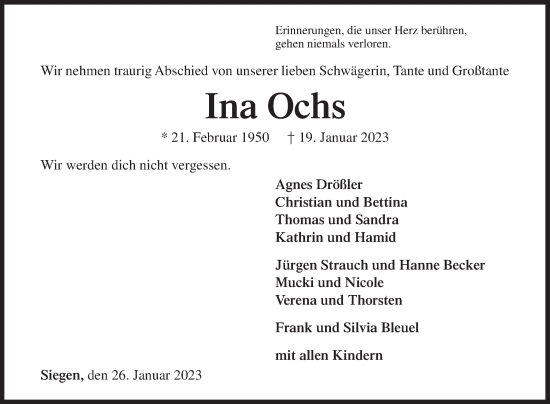 Traueranzeige von Ina Ochs von Siegener Zeitung