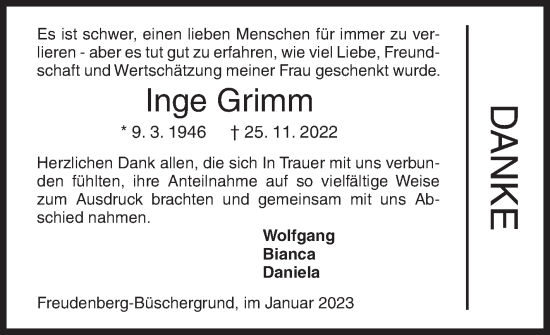 Traueranzeige von Inge Grimm von Siegener Zeitung
