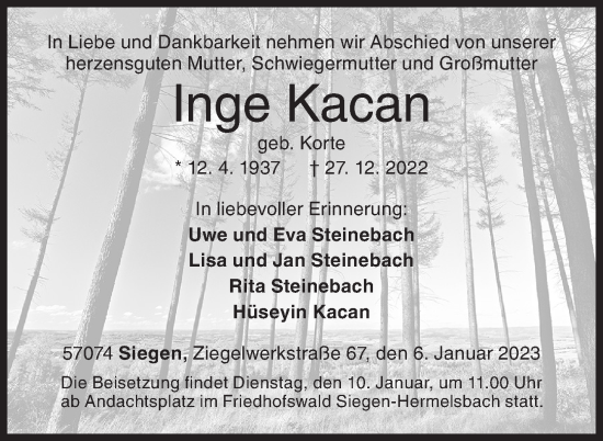 Traueranzeige von Inge Kacan von Siegener Zeitung
