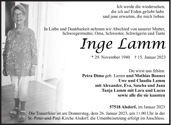 Traueranzeige von Inge Lamm von Siegener Zeitung