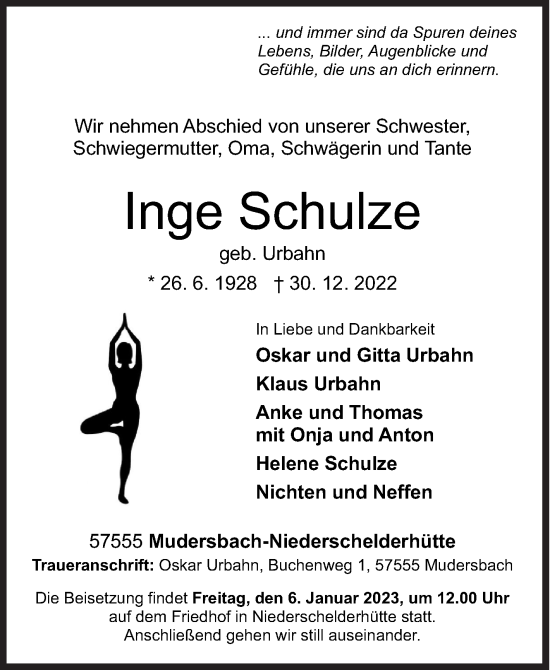 Traueranzeige von Inge Schulze von Siegener Zeitung