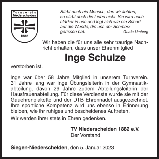 Traueranzeige von Inge Schulze von Siegener Zeitung