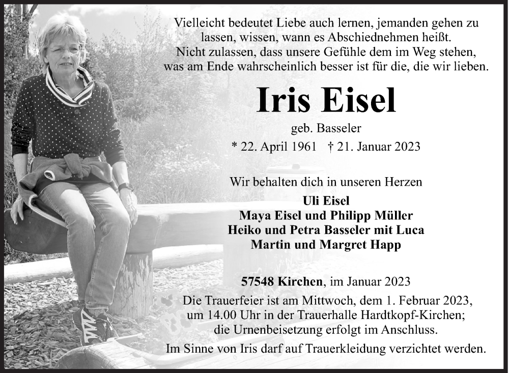  Traueranzeige für Iris Eisel vom 24.01.2023 aus Siegener Zeitung
