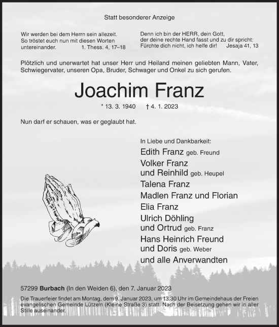 Traueranzeige von Joachim Franz von Siegener Zeitung