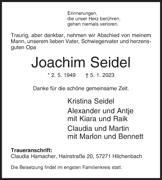 Traueranzeige von Joachim Seidel von Siegener Zeitung