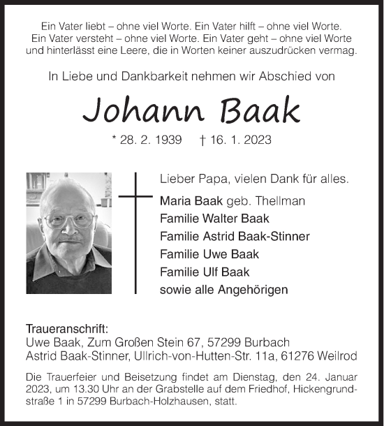 Traueranzeige von Johann Baak von Siegener Zeitung