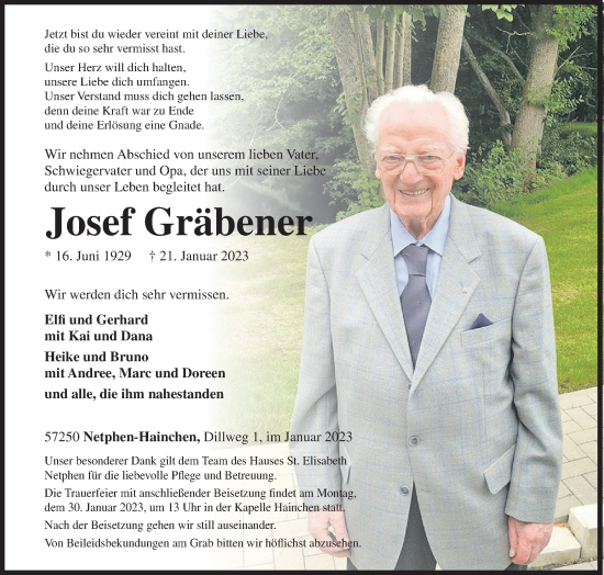Traueranzeige von Josef Gräbener von Siegener Zeitung