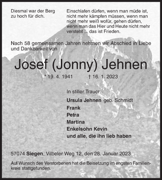 Traueranzeige von Josef Jehnen von Siegener Zeitung