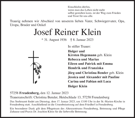 Traueranzeige von Josef Reiner Klein von Siegener Zeitung
