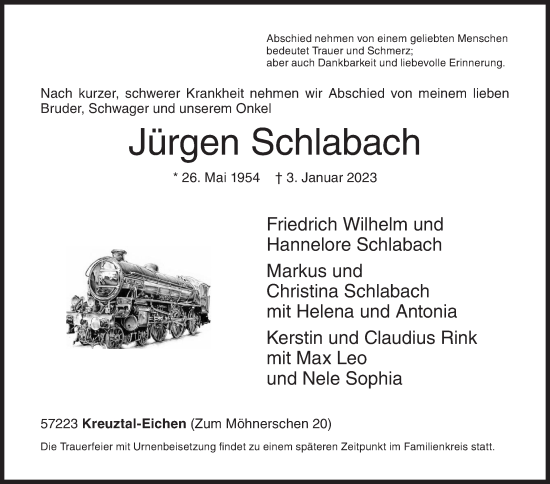 Traueranzeige von Jürgen Schlabach von Siegener Zeitung