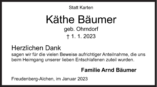 Traueranzeige von Käthe Bäumer von Siegener Zeitung