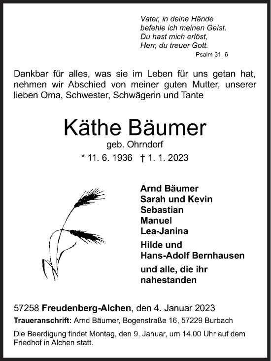 Traueranzeige von Käthe Bäumer von Siegener Zeitung