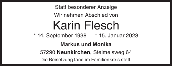 Traueranzeige von Karin Flesch von Siegener Zeitung