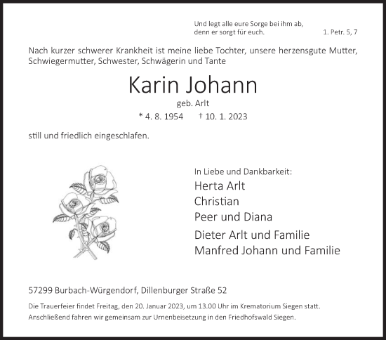 Traueranzeige von Karin Johann von Siegener Zeitung