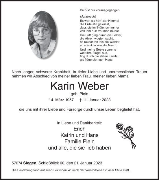 Traueranzeige von Karin Weber von Siegener Zeitung