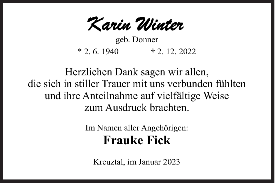 Traueranzeige von Karin Winter von Siegener Zeitung