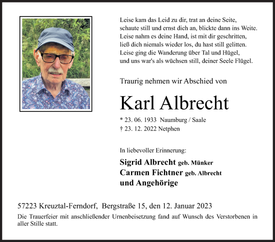 Traueranzeige von Karl Albrecht von Siegener Zeitung