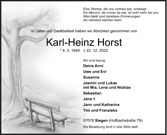 Traueranzeige von Karl-Heinz Horst von Siegener Zeitung
