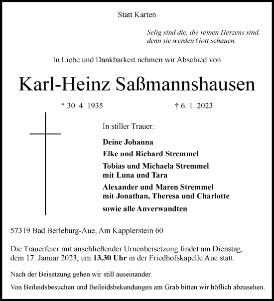 Traueranzeige von Karl-Heinz Saßmannshausen von Siegener Zeitung
