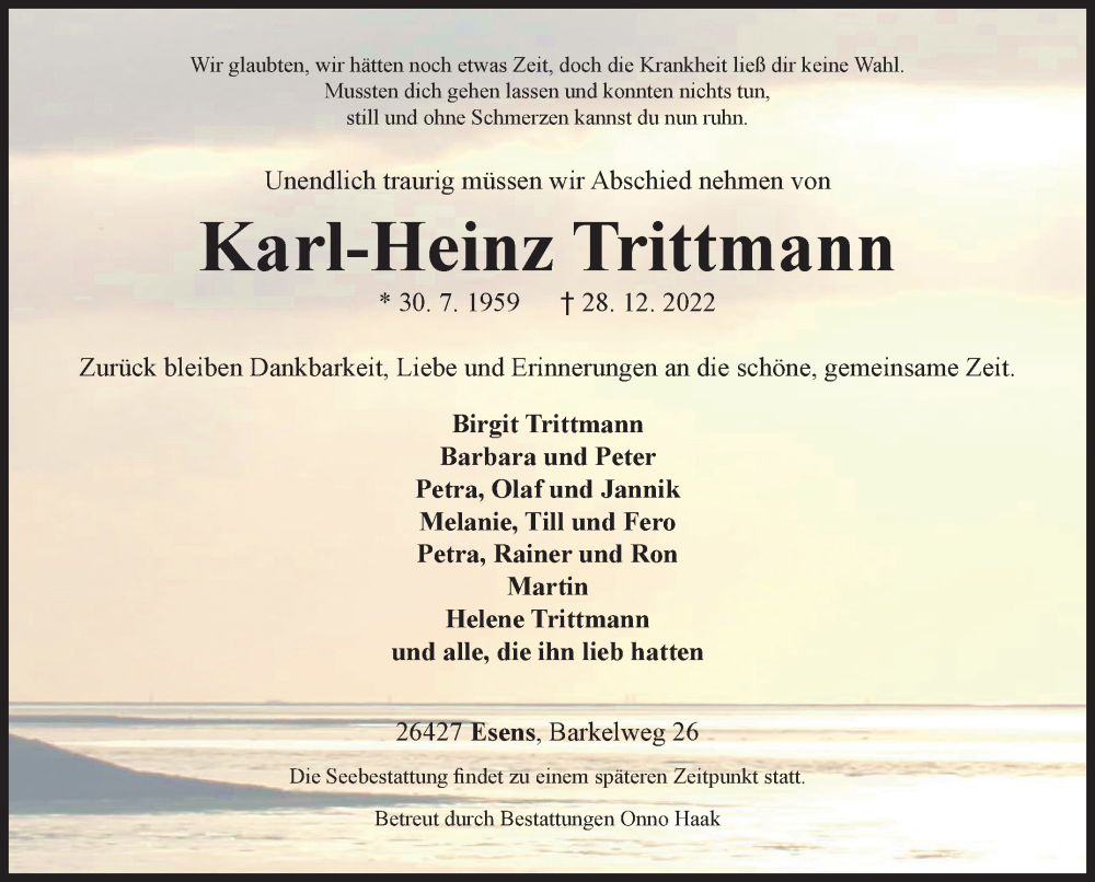  Traueranzeige für Karl-Heinz Trittmann vom 05.01.2023 aus Siegener Zeitung