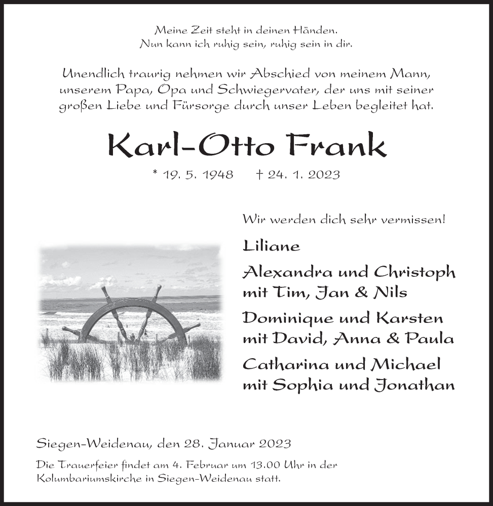  Traueranzeige für Karl-Otto Frank vom 28.01.2023 aus Siegener Zeitung