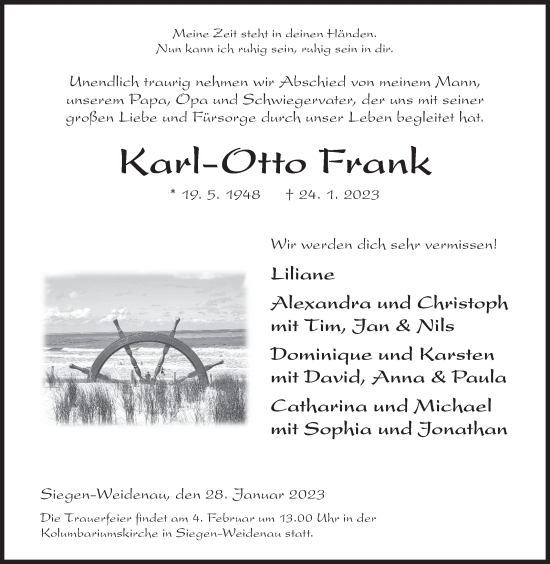 Traueranzeige von Karl-Otto Frank von Siegener Zeitung