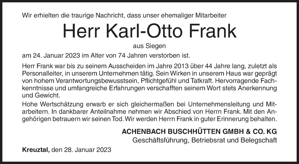  Traueranzeige für Karl-Otto Frank vom 28.01.2023 aus Siegener Zeitung