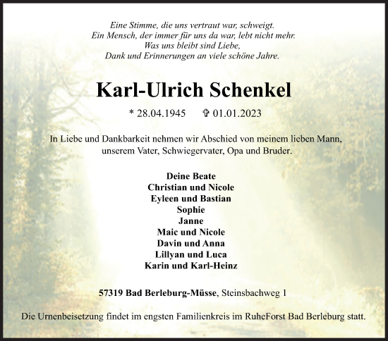 Traueranzeige von Karl-Ulrich Schenkel von Siegener Zeitung