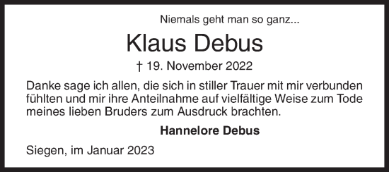 Traueranzeige von Klaus Debus von Siegener Zeitung