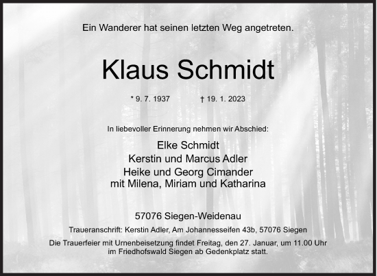 Traueranzeige von Klaus Schmidt von Siegener Zeitung