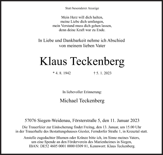Traueranzeige von Klaus Teckenberg von Siegener Zeitung